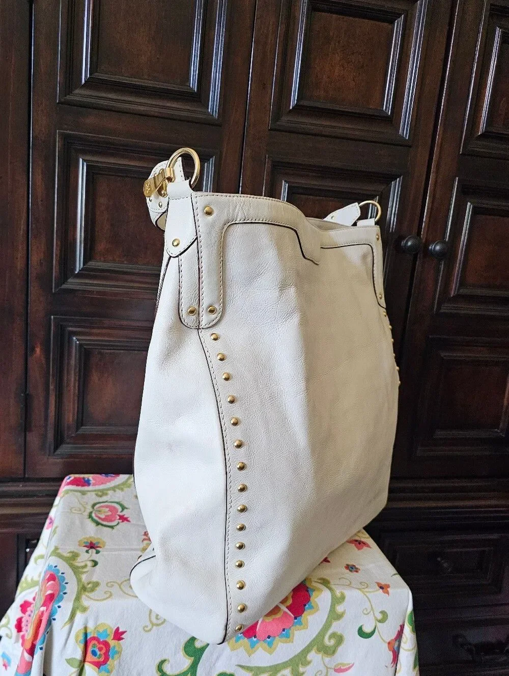 XL Michael Kors White Leather Hobo Studded Bag - Rare